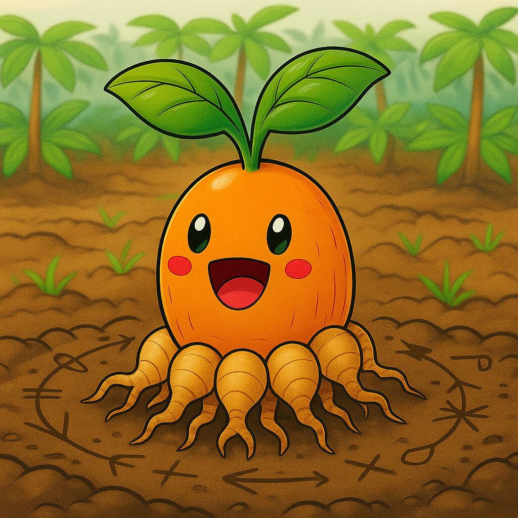 Macaxeriseed #001 — arte conceitual do monster tamer brasileiro Mythimon, criatura tipo Planta