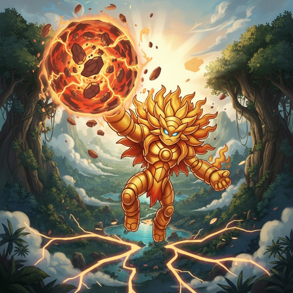 Guaranova #380 — arte conceitual do monster tamer brasileiro Mythimon, criatura tipo Fogo