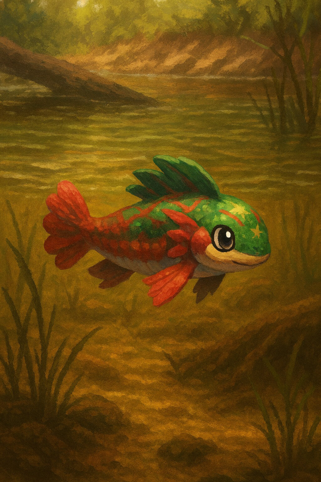 Pirarulete #046 — arte conceitual do monster tamer brasileiro Mythimon, criatura tipo Água/Terra