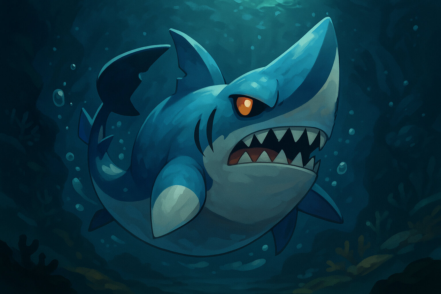 Azulsharko #290 — arte conceitual do monster tamer brasileiro Mythimon, criatura tipo Água/Sombrio