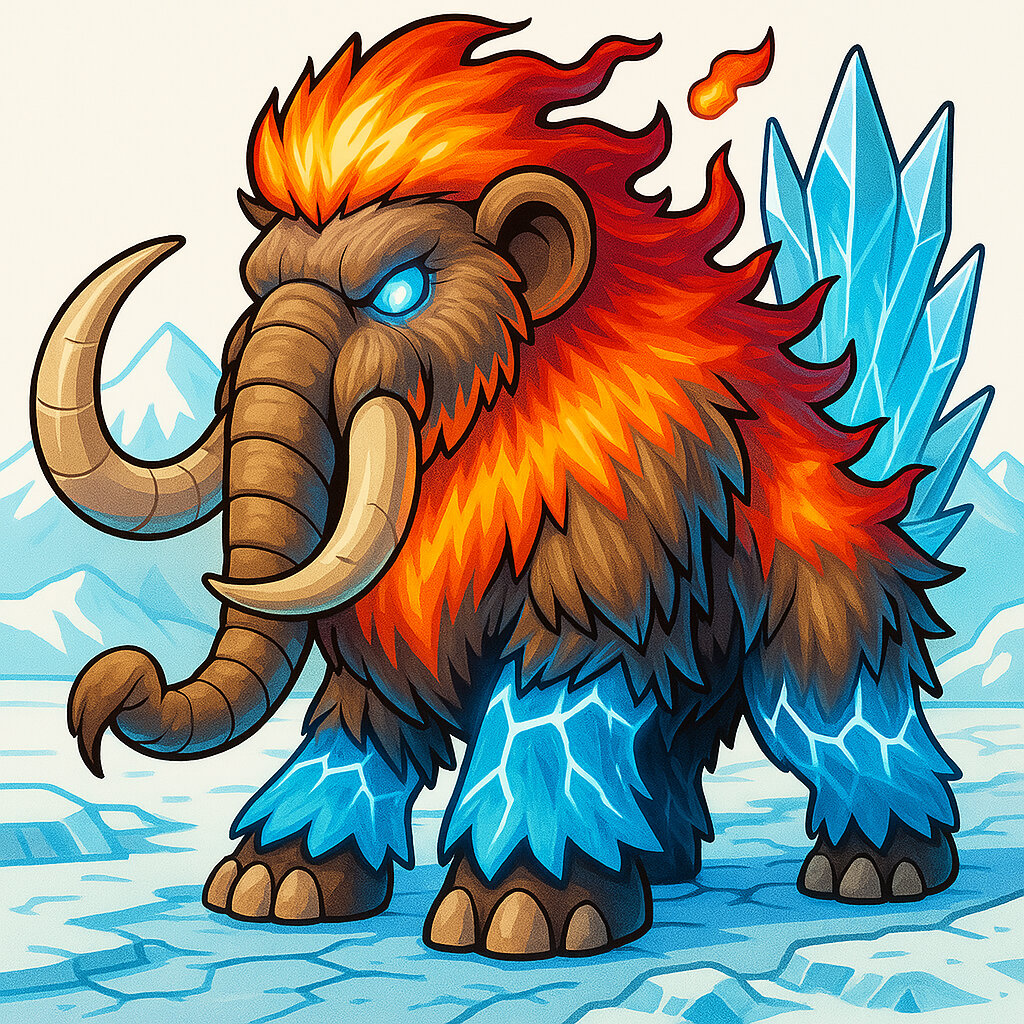 Mamutofire #220 — arte conceitual do monster tamer brasileiro Mythimon, criatura tipo Gelo/Fogo