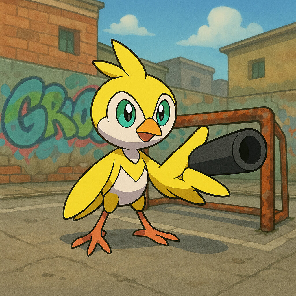 Canarinpistol #052 — arte conceitual do monster tamer brasileiro Mythimon, criatura tipo Aço/Voador