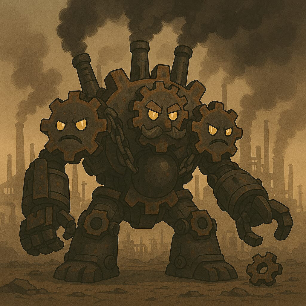 Engrerustaço #070 - imagem do Mythimon, criatura tipo Aço/Fogo do monster tamer brasileiro inspirado no folclore do Brasil