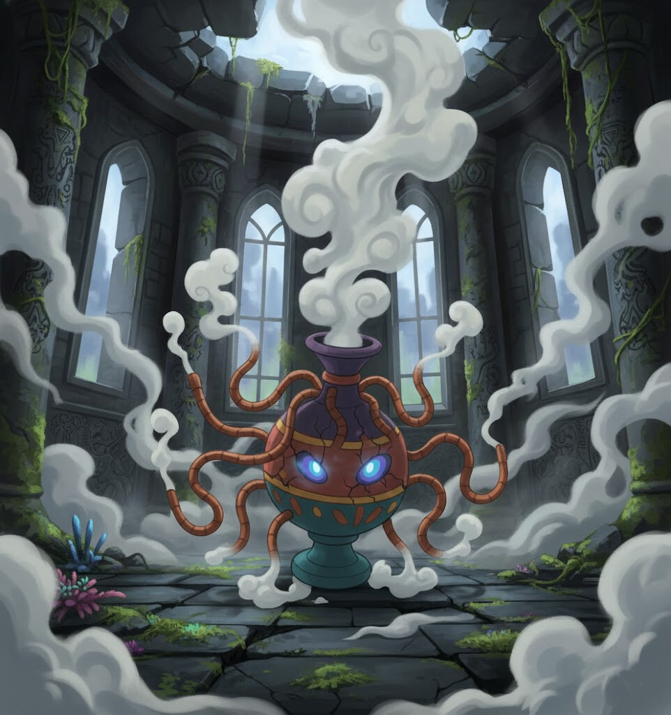 Fumaze #282 — arte conceitual do monster tamer brasileiro Mythimon, criatura tipo Fantasma/Psíquico