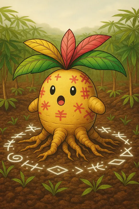 Macaxerin #002 — arte conceitual do monster tamer brasileiro Mythimon, criatura tipo Terra/Planta