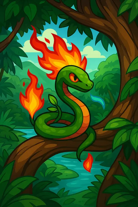 Boitatin #004 — arte conceitual do monster tamer brasileiro Mythimon, criatura tipo Fogo