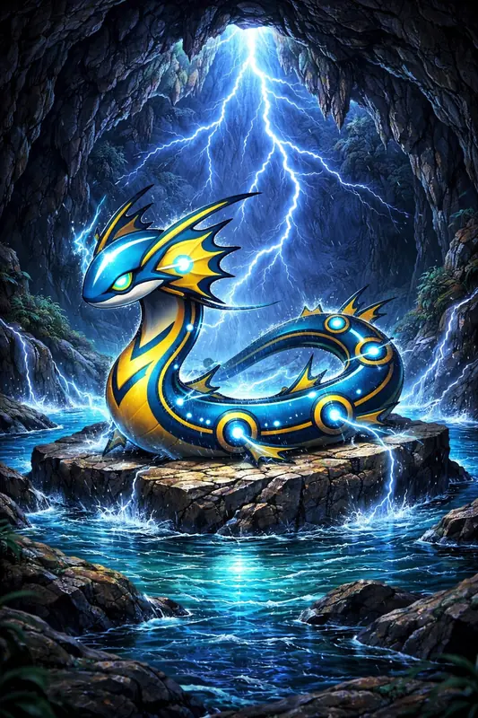Voltai #131 — arte conceitual do monster tamer brasileiro Mythimon, criatura tipo Água/Elétrico
