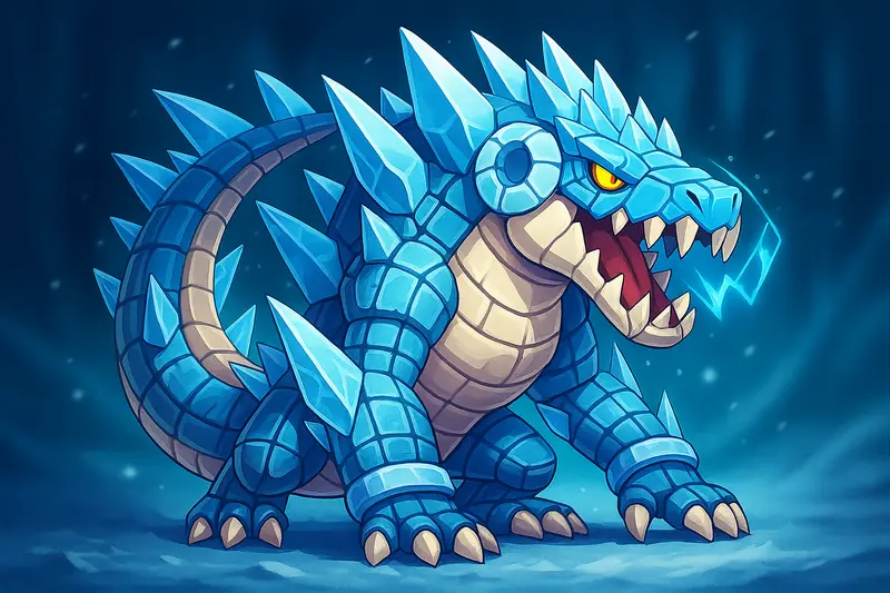 Jacaréglacis #233 — arte conceitual do monster tamer brasileiro Mythimon, criatura tipo Gelo/Água