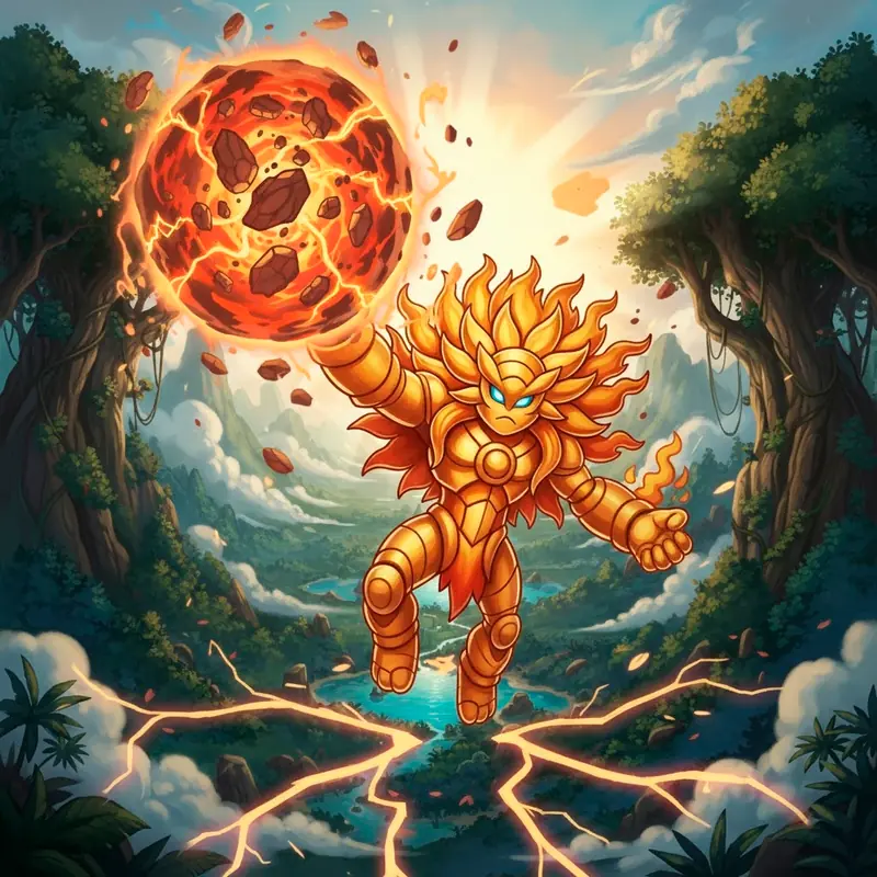 Guaranova #392 — arte conceitual do monster tamer brasileiro Mythimon, criatura tipo Fogo