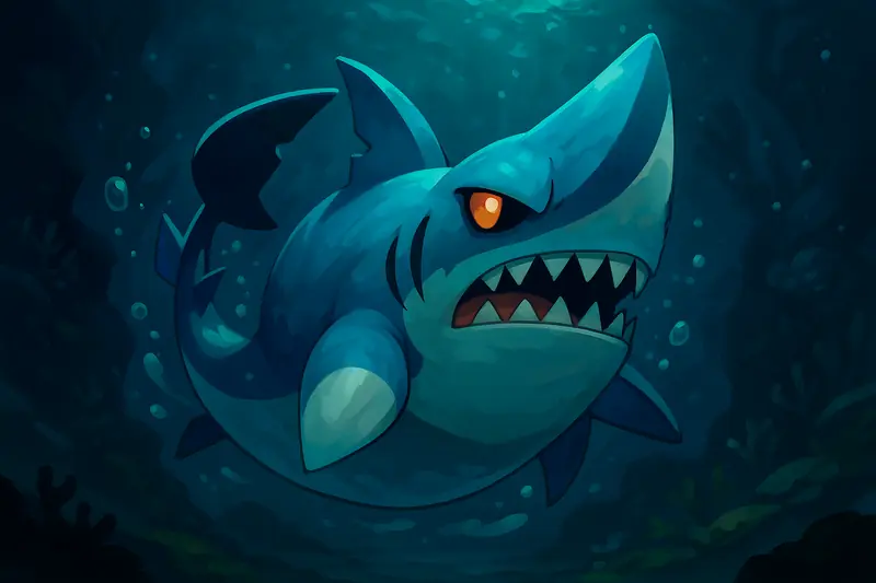 Azulsharko #299 — arte conceitual do monster tamer brasileiro Mythimon, criatura tipo Água/Sombrio