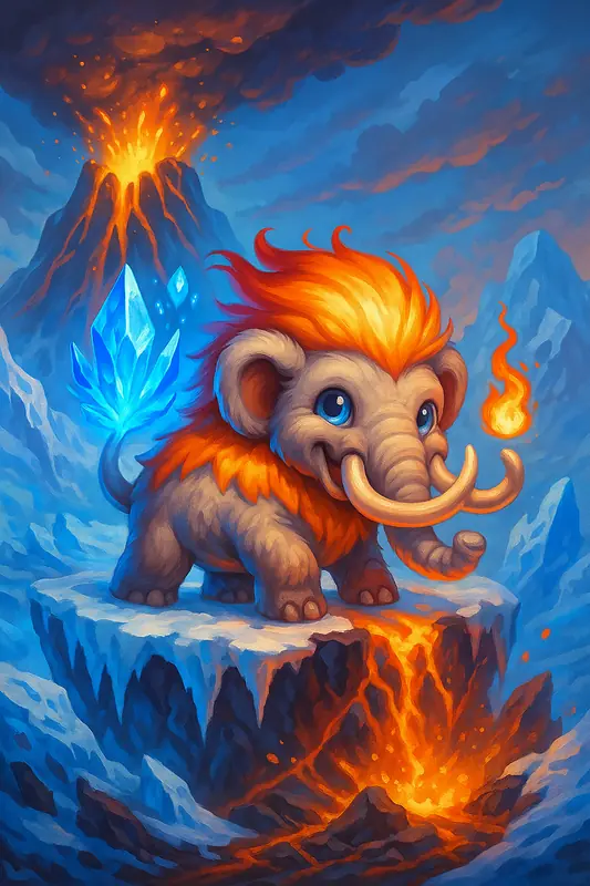 Flamamute #228 — arte conceitual do monster tamer brasileiro Mythimon, criatura tipo Gelo/Fogo