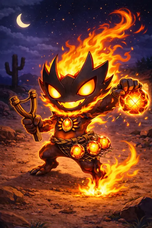 Fagulinho #192 — arte conceitual do monster tamer brasileiro Mythimon, criatura tipo Fogo