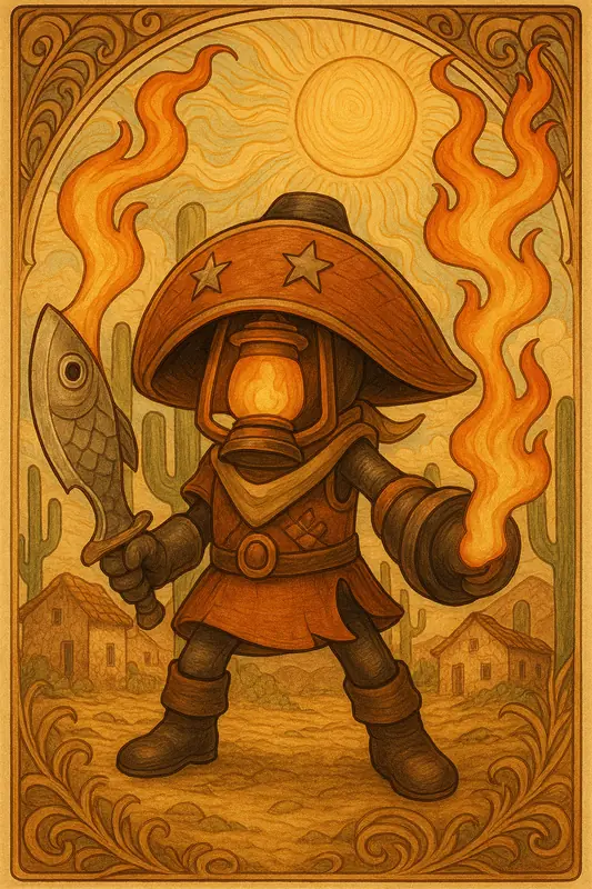 Lampion #195 — arte conceitual do monster tamer brasileiro Mythimon, criatura tipo Sombrio/Aço
